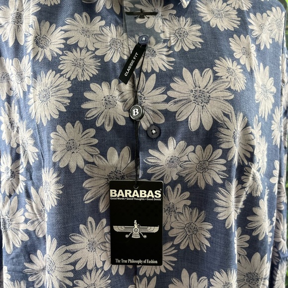 Barabas Size:3XL  Mens Long Sleeve Shirt Blue Floral Pattern Button Front - Picture 3 of 16